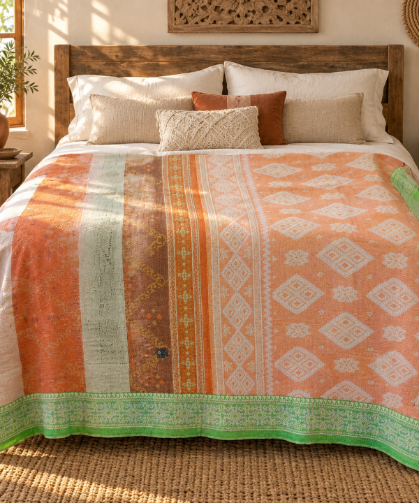 Alternative view of Vintage Kantha Quilt Peach Orange Green Cotton Throw – Handmade Indian Bedspread 60 x 90 Inches