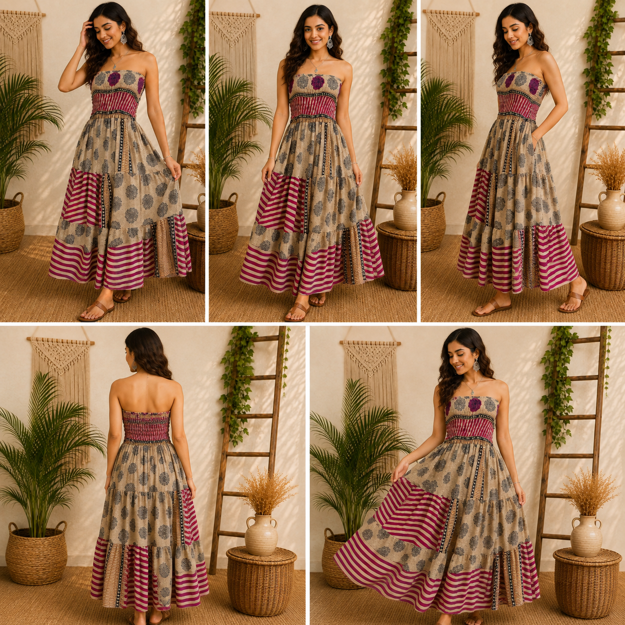 Beige Magenta & Black Patchwork Maxi Dress – Strapless Smocked Tiered Boho Printed Summer Dress - Image 7