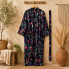 Navy Blue Floral Bird Print Cotton Kimono Robe for Women – Boho Long Maxi Kimono, Free Size Belted Dressing Gown - Image 4