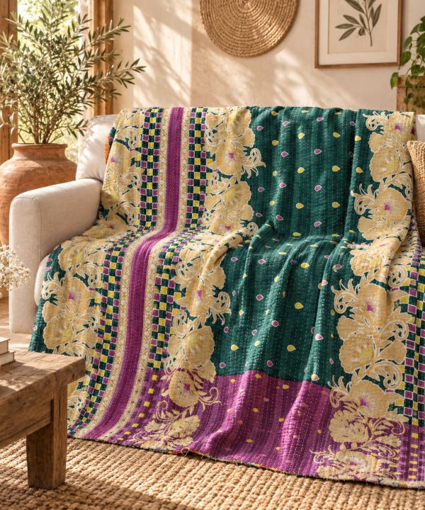 Vintage Handmade Kantha Quilt – Teal Green & Purple Floral Recycled Cotton Bedspread, Indian Boho Sofa Throw