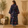 Navy Blue Floral Bird Print Cotton Kimono Robe for Women – Boho Long Maxi Kimono, Free Size Belted Dressing Gown - Image 2