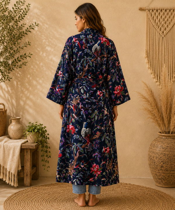 Alternative view of Navy Blue Floral Bird Print Cotton Kimono Robe for Women – Boho Long Maxi Kimono, Free Size Belted Dressing Gown