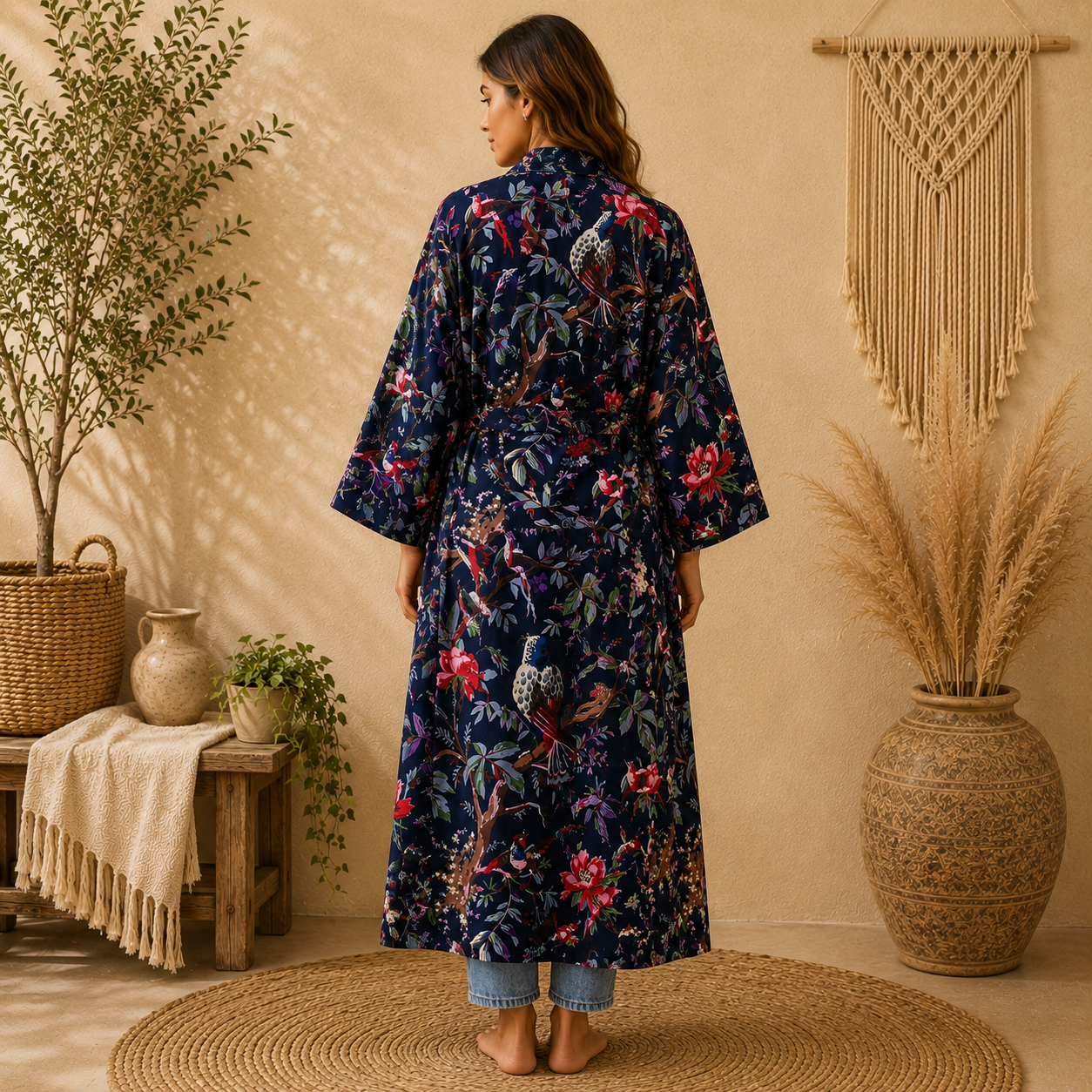 Navy Blue Floral Bird Print Cotton Kimono Robe for Women – Boho Long Maxi Kimono, Free Size Belted Dressing Gown - Image 2