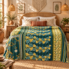 Vintage Green Kantha Quilt – Handmade Recycled Sari Cotton Bed Throw, Floral Boho Blanket MN-VKQ-TW-1343 - Image 2