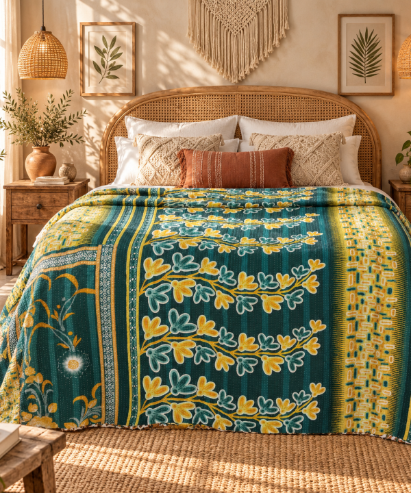 Alternative view of Vintage Green Kantha Quilt – Handmade Recycled Sari Cotton Bed Throw, Floral Boho Blanket MN-VKQ-TW-1343