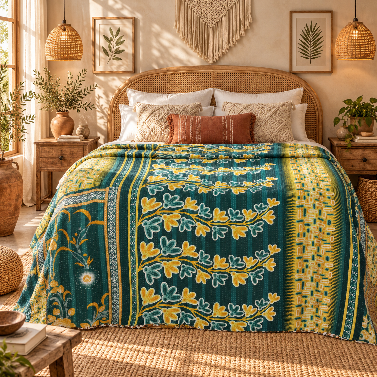 Vintage Green Kantha Quilt – Handmade Recycled Sari Cotton Bed Throw, Floral Boho Blanket MN-VKQ-TW-1343 - Image 2