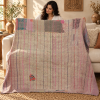 Vintage Dusty Pink & Beige Kantha Quilt 60x90 Inches – Handmade Striped Cotton Bedspread Throw - Image 3