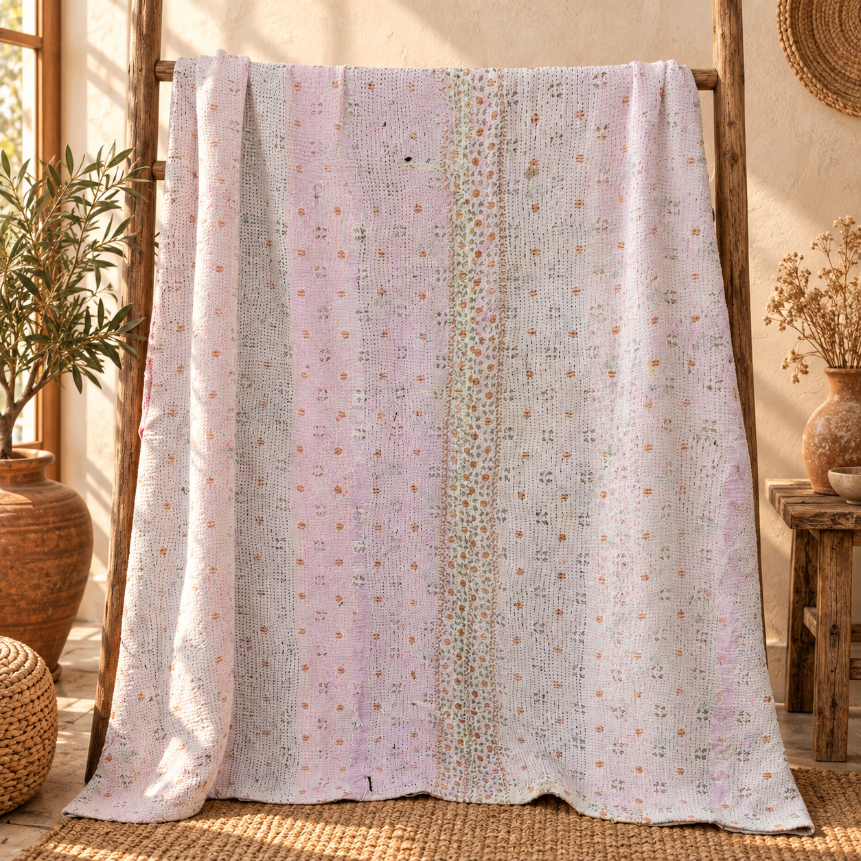 Powder Blue & Pink Vintage Kantha Quilt 60 x 90 Inches – Handmade Cotton Bedspread – One of a Kind - Image 5
