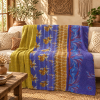 Vintage Handmade Kantha Quilt – Blue & Mustard Yellow Floral Recycled Sari Throw, Reversible Indian Bedspread