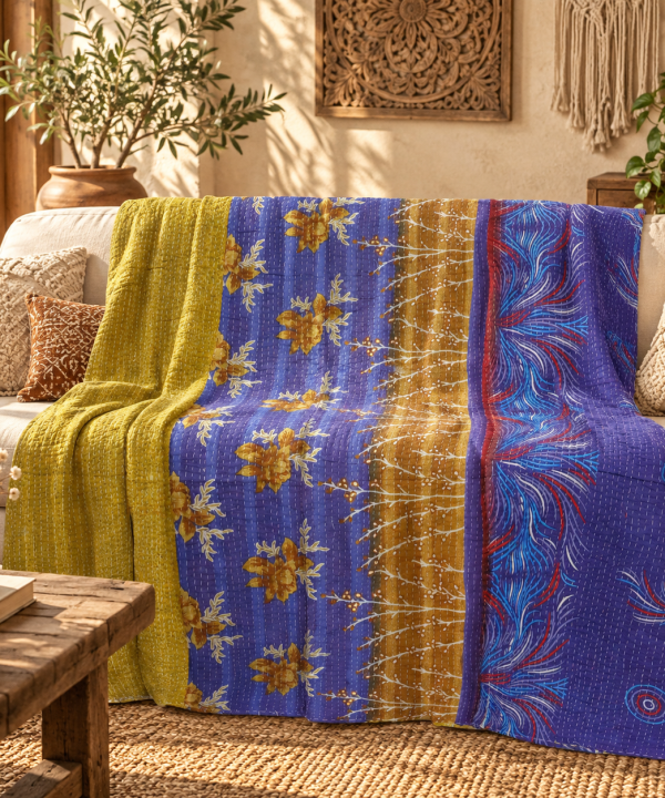 Vintage Handmade Kantha Quilt – Blue & Mustard Yellow Floral Recycled Sari Throw, Reversible Indian Bedspread