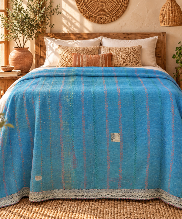 Alternative view of Sky Blue Vintage Kantha Quilt 60 x 90 Inches – Handmade Cotton Bedspread Throw – One of a Kind