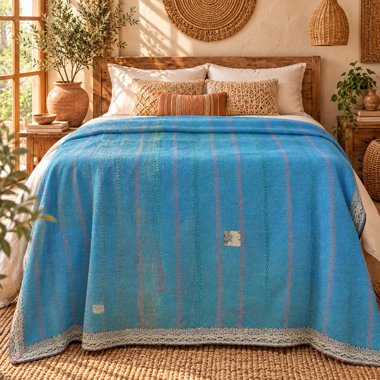 Sky Blue Vintage Kantha Quilt 60 x 90 Inches – Handmade Cotton Bedspread Throw – One of a Kind - Image 2
