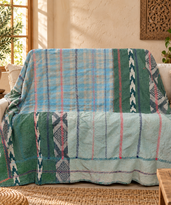 Vintage Multicolor Kantha Quilt – Blue Green Hand Stitched Cotton Throw 60 x 90 Inches