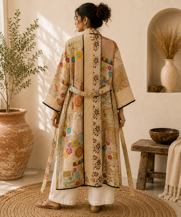 Alternative view of Beige Cream Multicolor Vintage Kantha Long Kimono Robe – Handmade Patchwork Cotton Boho Jacket