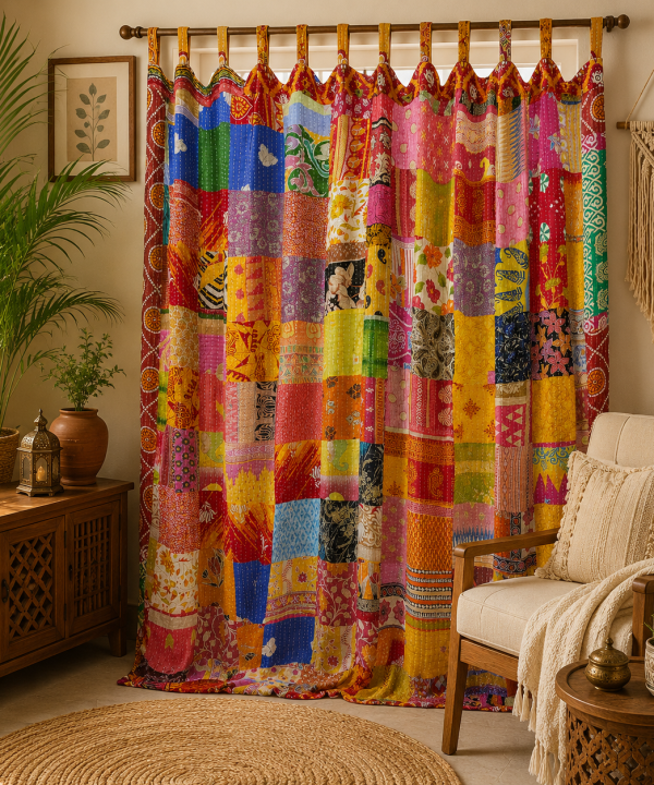 Alternative view of Vintage Kantha Patchwork Curtain – Handmade Multicolor Cotton Boho Window Door Curtain – 1 Pc