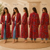 Red Floral Print Cotton Long Kimono Robe for Women – Boho Maxi Kimono Jacket, Free Size Open Front Cover Up - Image 5