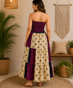 Alternative view of Pink Navy Blue & Cream Patchwork Maxi Dress – Strapless Smocked Tiered Boho Summer Dress