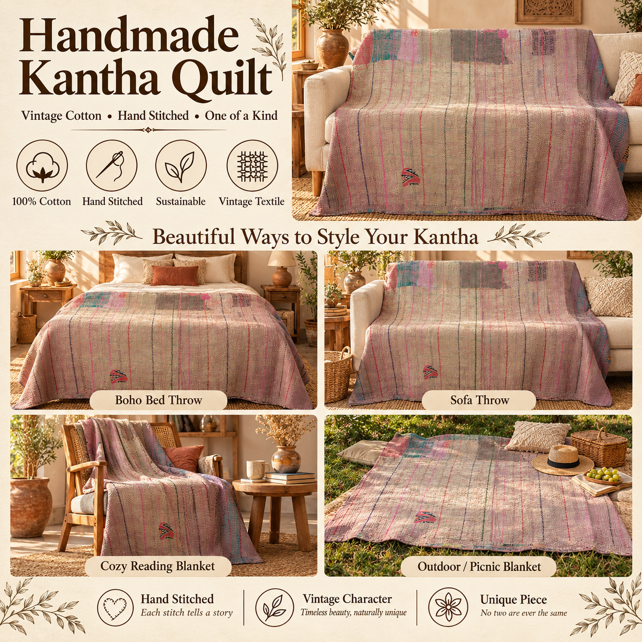 Vintage Dusty Pink & Beige Kantha Quilt 60x90 Inches – Handmade Striped Cotton Bedspread Throw - Image 4