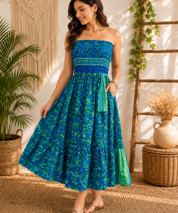 Royal Blue & Green Floral Maxi Dress – Strapless Smocked Boho Tiered Summer Dress