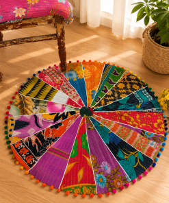 Colorful Vintage Kantha Round Floor Cushion Cover – Handmade Patchwork Boho Pouf Cover with Pom Pom Trim