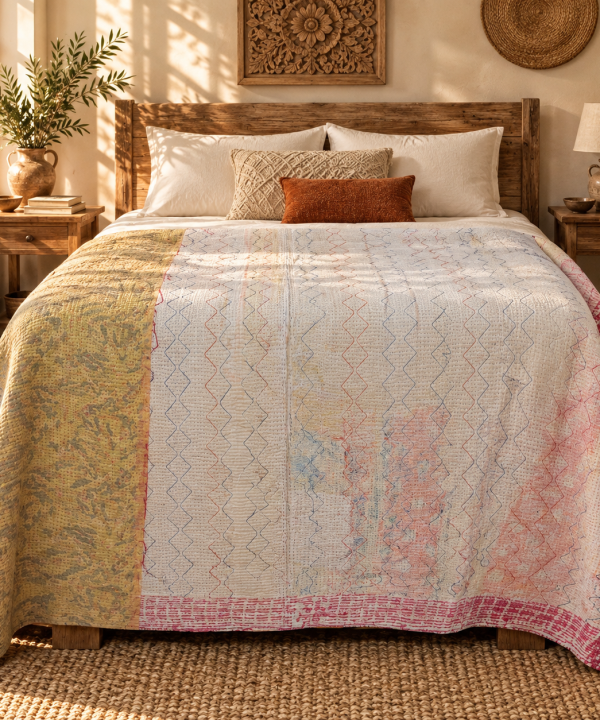 Alternative view of Vintage Ivory & Mustard Kantha Quilt 60x90 Inches – Hand Stitched Cotton Boho Throw