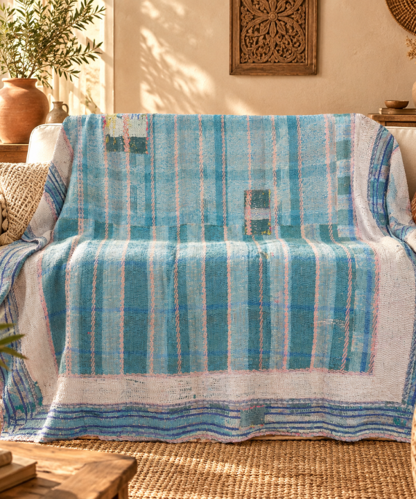 Vintage Blue Kantha Quilt 60x90 Inches – Hand Stitched Cotton Boho Bedspread & Sofa Throw