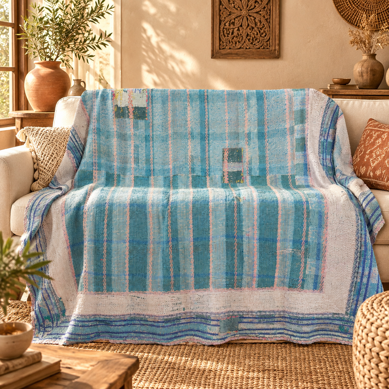 Vintage Blue Kantha Quilt 60x90 Inches – Hand Stitched Cotton Boho Bedspread & Sofa Throw