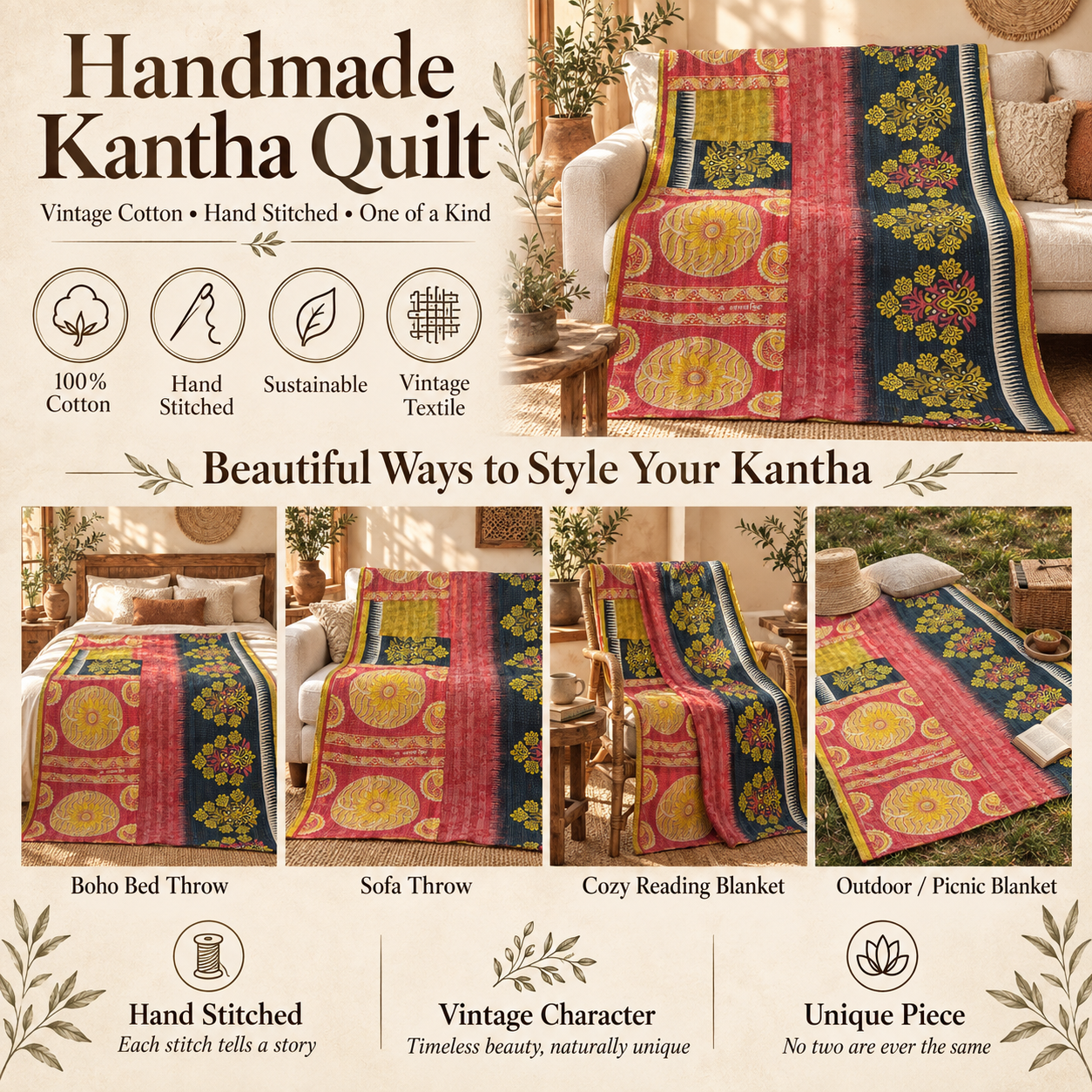 Vintage Red Navy Kantha Quilt – Hand Stitched Floral Cotton Throw 60 x 90 Inches - Image 4