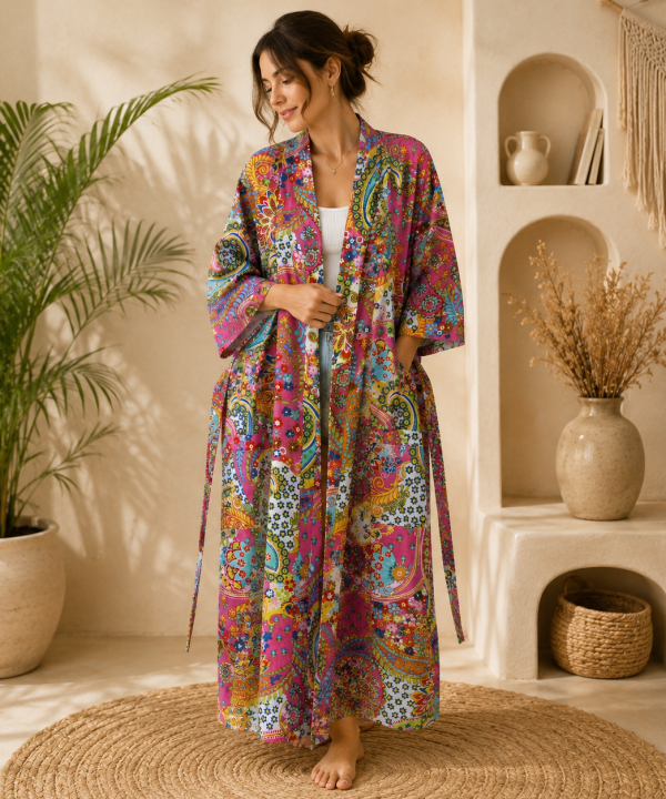 Pink Multicolor Floral Paisley Long Kimono Robe – Boho Printed Maxi Kimono Jacket for Women