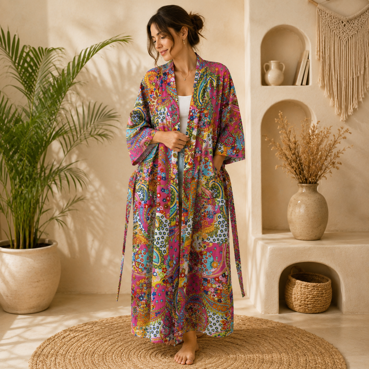 Pink Multicolor Floral Paisley Long Kimono Robe – Boho Printed Maxi Kimono Jacket for Women