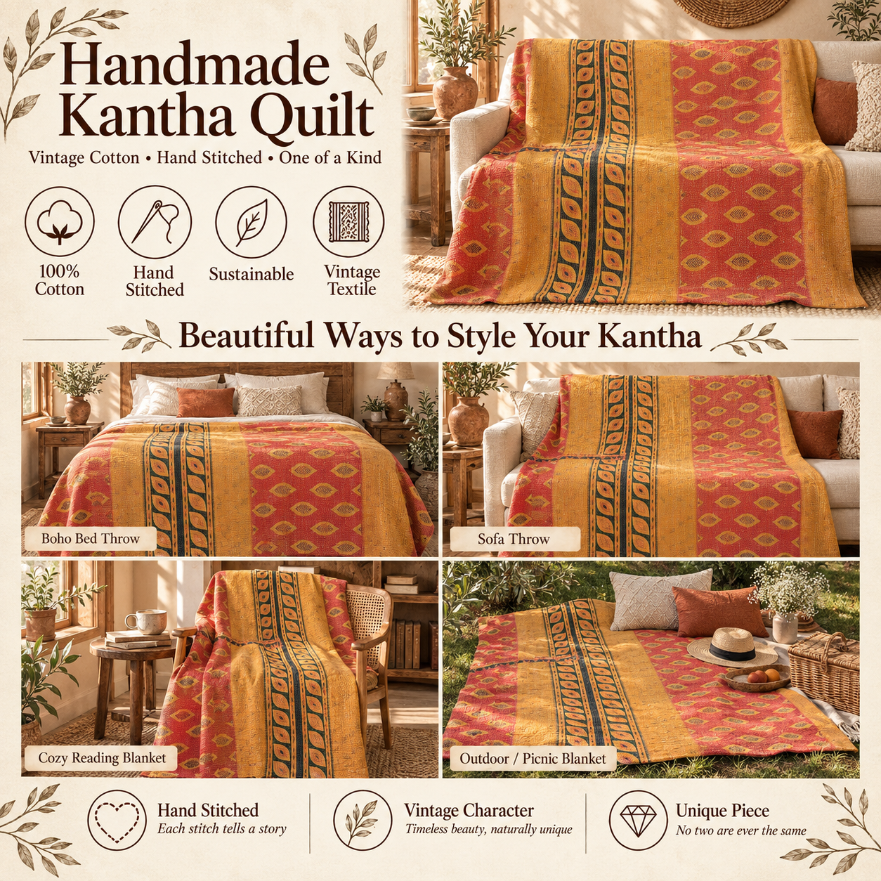 Vintage Mustard Yellow & Rust Red Kantha Quilt 60x90 Inches – Handmade Cotton Bedspread Throw - Image 4