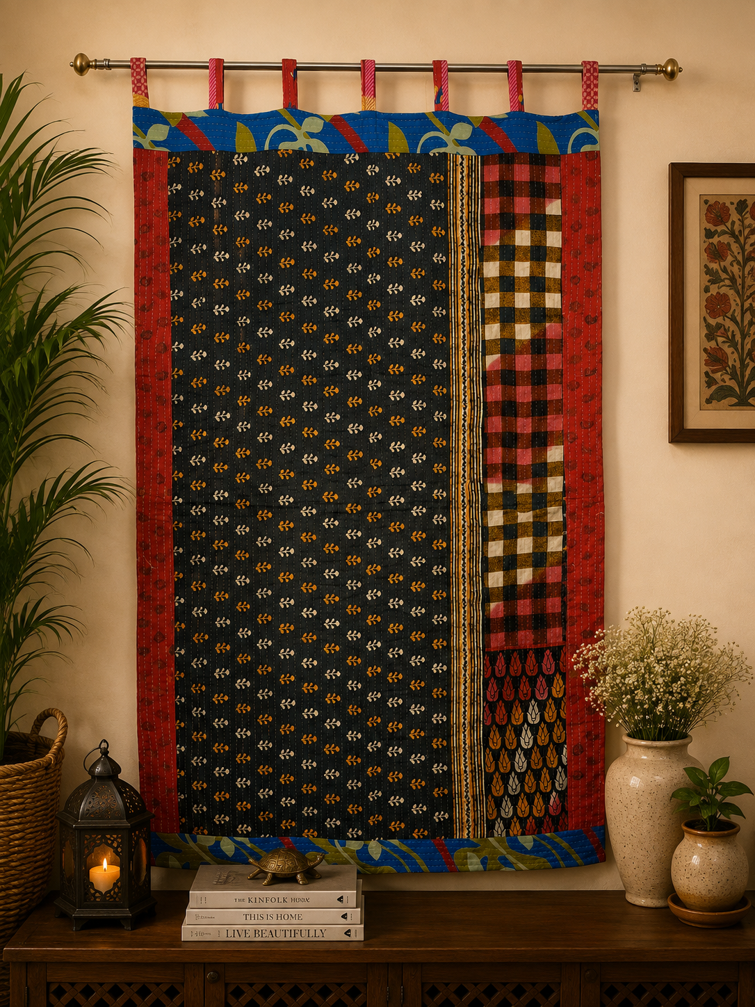 Black Vintage Kantha Curtain – Handmade Cotton Patchwork Boho Indian Window Door Curtain – 1 Pc - Image 4