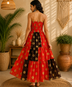 Alternative view of Red Black & Gold Maxi Dress – Strapless Smocked Tiered Boho Polka Dot Summer Dress