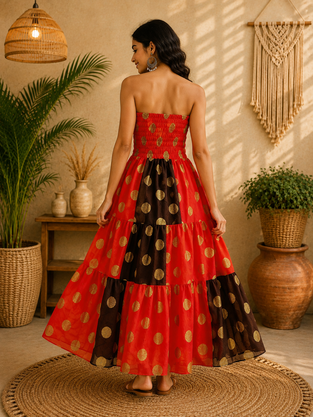 Red Black & Gold Maxi Dress – Strapless Smocked Tiered Boho Polka Dot Summer Dress - Image 2