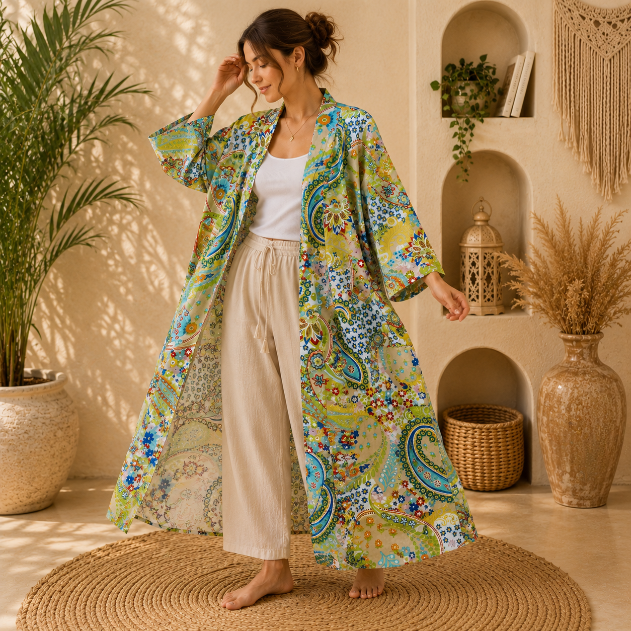 Light Green Floral Paisley Long Kimono Robe – Boho Printed Maxi Kimono Jacket for Women Colour - Image 3