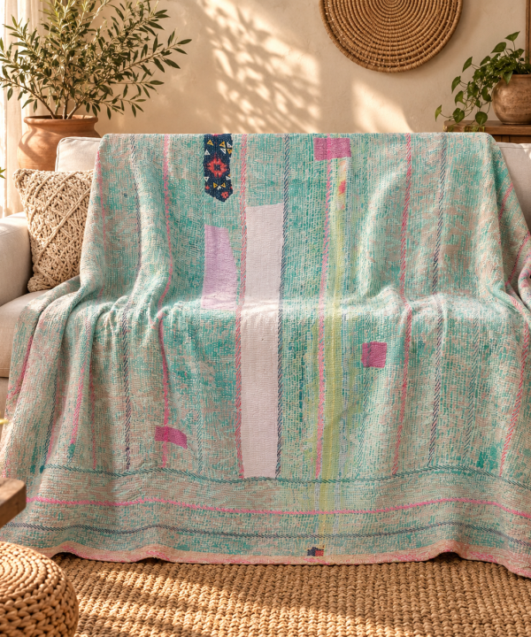 Aqua Mint Green Vintage Kantha Quilt 60 x 90 Inches – Handmade Cotton Patchwork Bedspread – One of a Kind