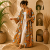 Orange Floral Paisley Long Kimono Robe – Boho Printed Cotton Maxi Kimono Jacket for Women - Image 3