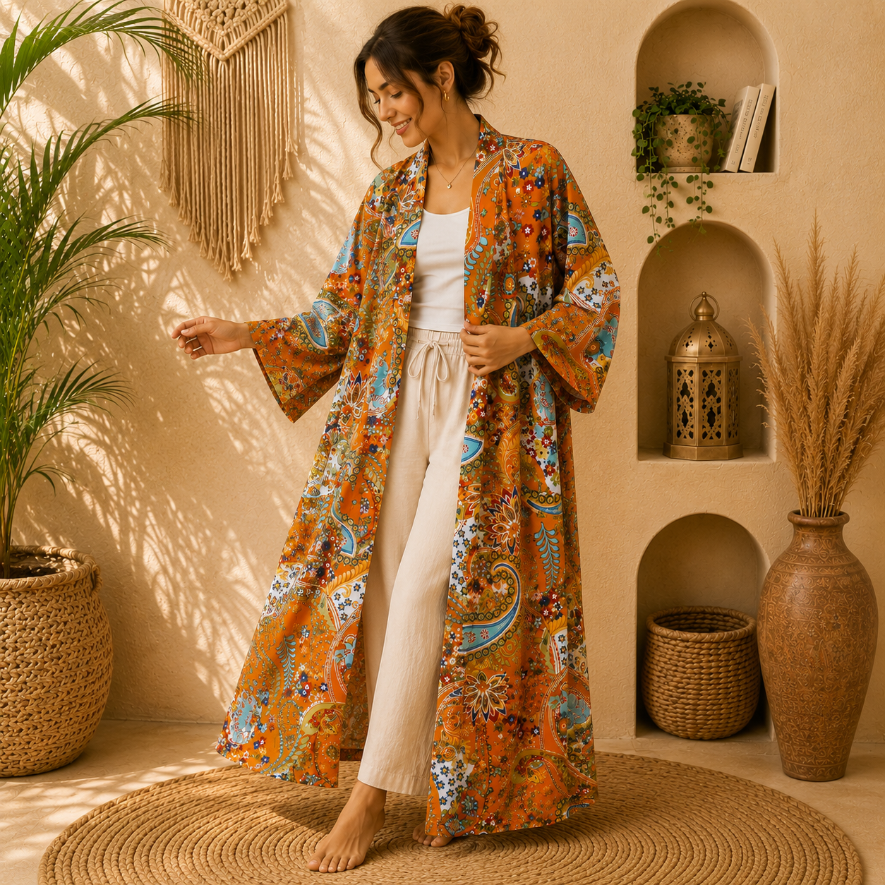 Orange Floral Paisley Long Kimono Robe – Boho Printed Cotton Maxi Kimono Jacket for Women - Image 3