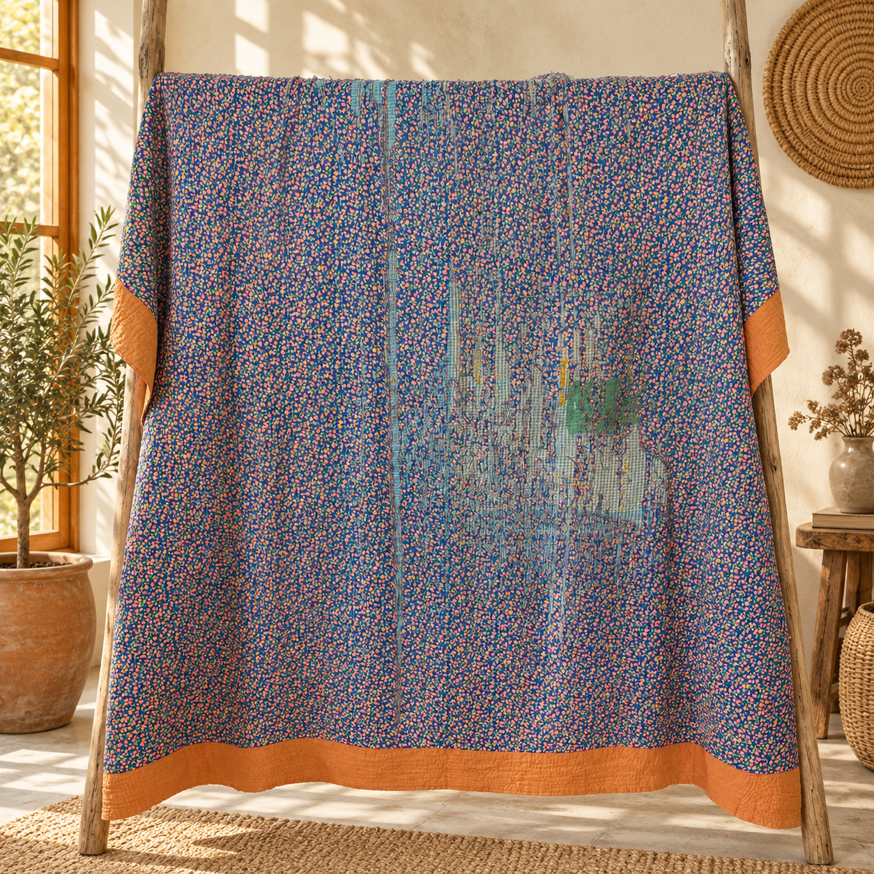 Vintage Pastel Floral Kantha Quilt 60x90 Inches – Hand Stitched Cotton Boho Bedspread Throw - Image 5