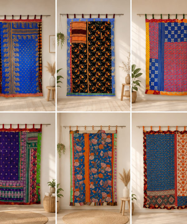 Vintage Kantha Patchwork Curtain 1 Pc – Multicolor Cotton Sari Window Panel Boho Tab Top Curtain