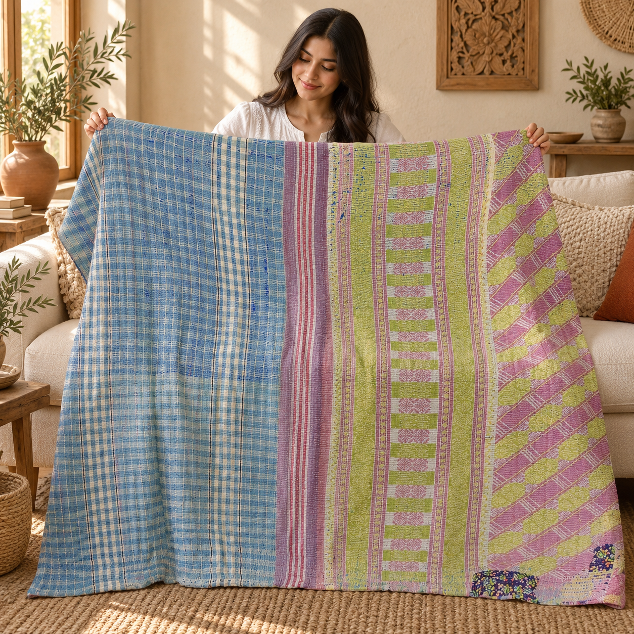 Vintage Kantha Quilt Blue Pink Green Patchwork – Handmade Cotton Bedspread Throw 60 x 90 Inches - Image 3