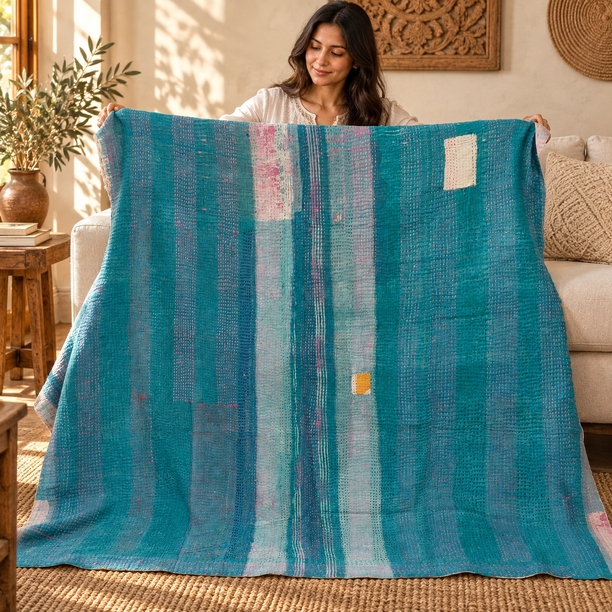 Vintage Teal Blue Kantha Quilt – Hand Stitched Cotton Bedspread Throw 60 x 90 Inches - Image 3