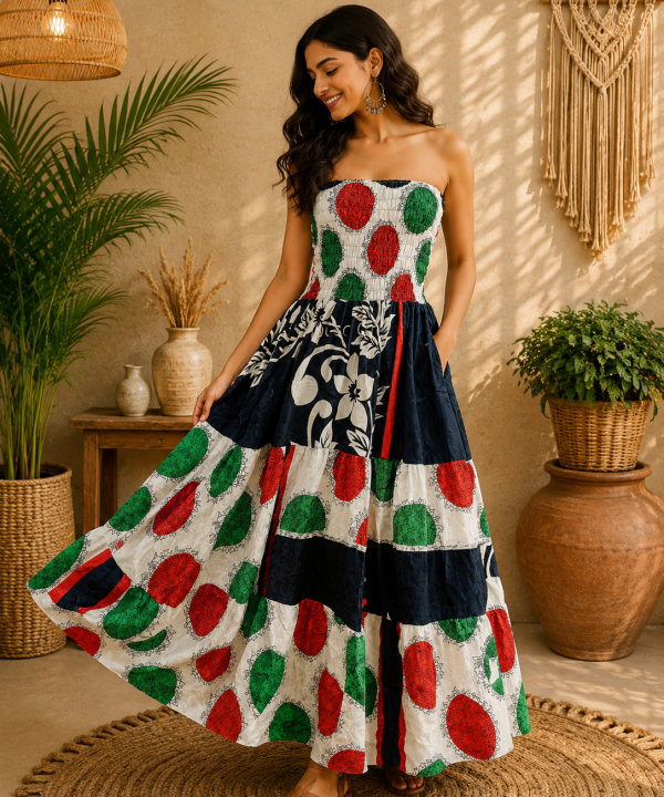 Black White Red & Green Patchwork Maxi Dress – Strapless Smocked Tiered Boho Summer Dress