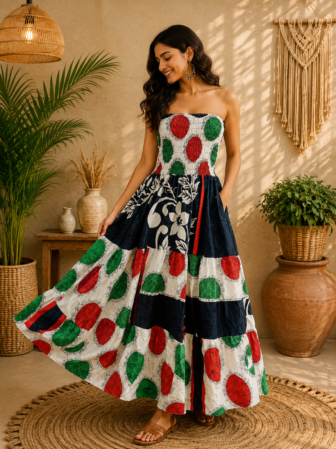 Black White Red & Green Patchwork Maxi Dress – Strapless Smocked Tiered Boho Summer Dress