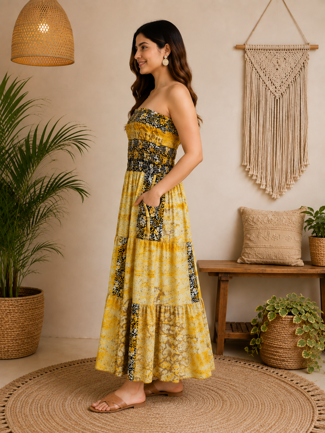 Yellow Black & Cream Patchwork Maxi Dress – Strapless Smocked Boho Printed Summer Dress - Image 4