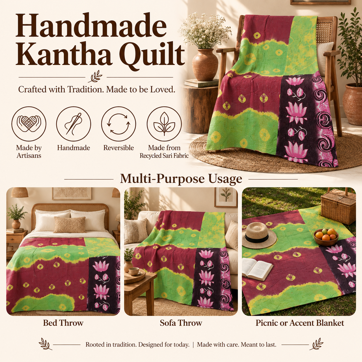 Vintage Kantha Quilt Handmade Recycled Sari Bedspread – Green Burgundy Pink Floral Boho Throw - Image 4