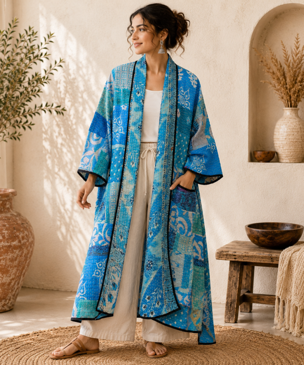 Turquoise Blue Multicolor Vintage Kantha Long Kimono Robe – Handmade Patchwork Cotton Boho Jacket
