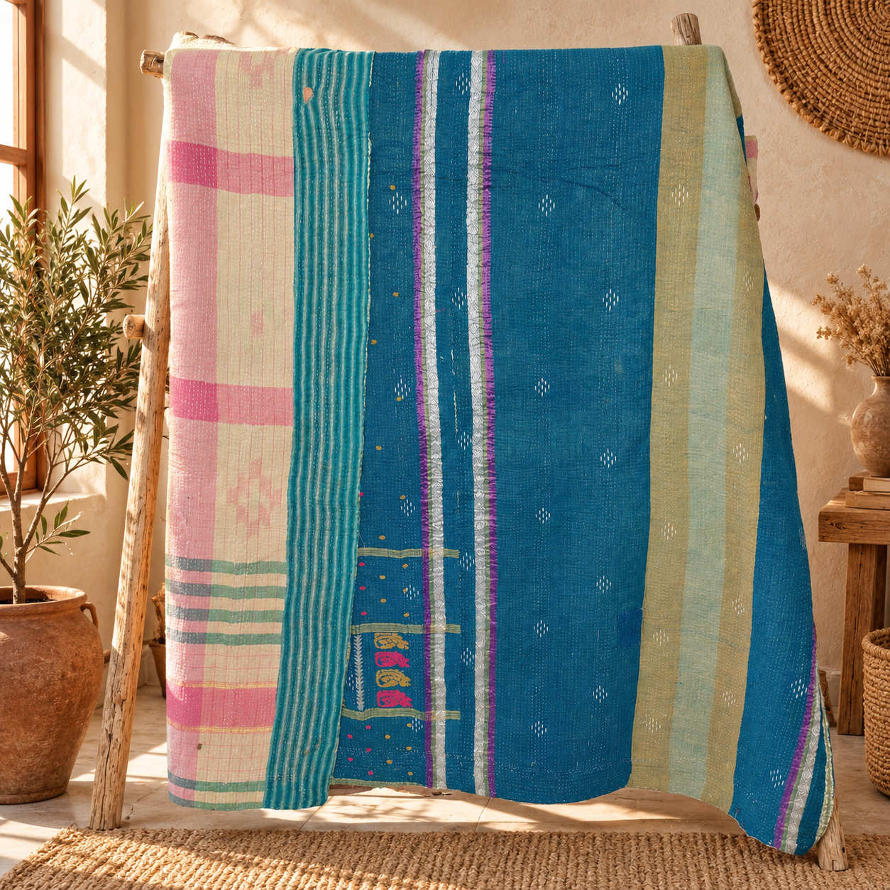 Vintage Teal Blue Kantha Quilt – Hand Stitched Cotton Boho Bedspread Throw 60 x 90 Inches - Image 5