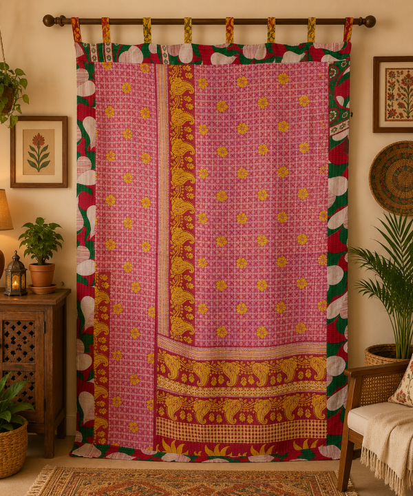 Alternative view of Pink Vintage Kantha Curtain – Handmade Cotton Patchwork Boho Indian Window Door Curtain – 1 Pc