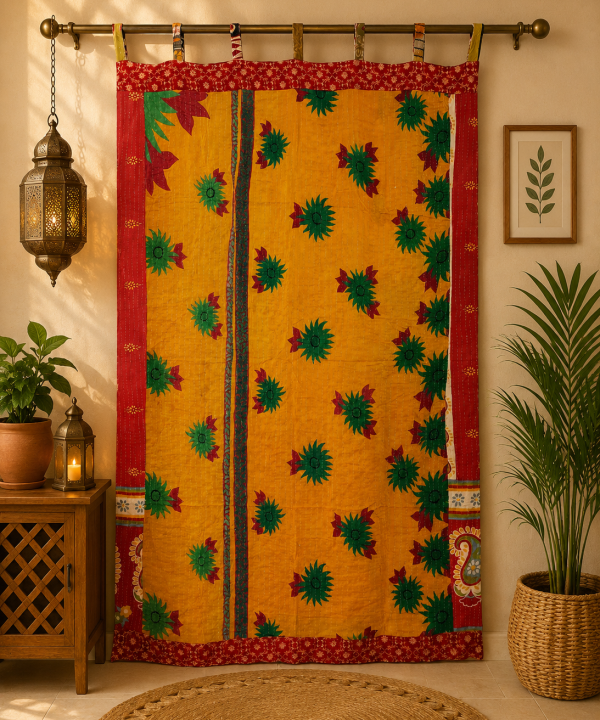 Alternative view of Yellow Vintage Kantha Curtain – Handmade Cotton Patchwork Boho Indian Window Door Curtain – 1 Pc